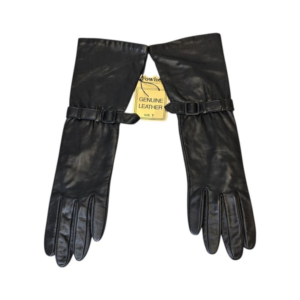 NWT Vintage Fownes Women's Size 7 Buckle Strap Long Black Genuine Leather Gloves